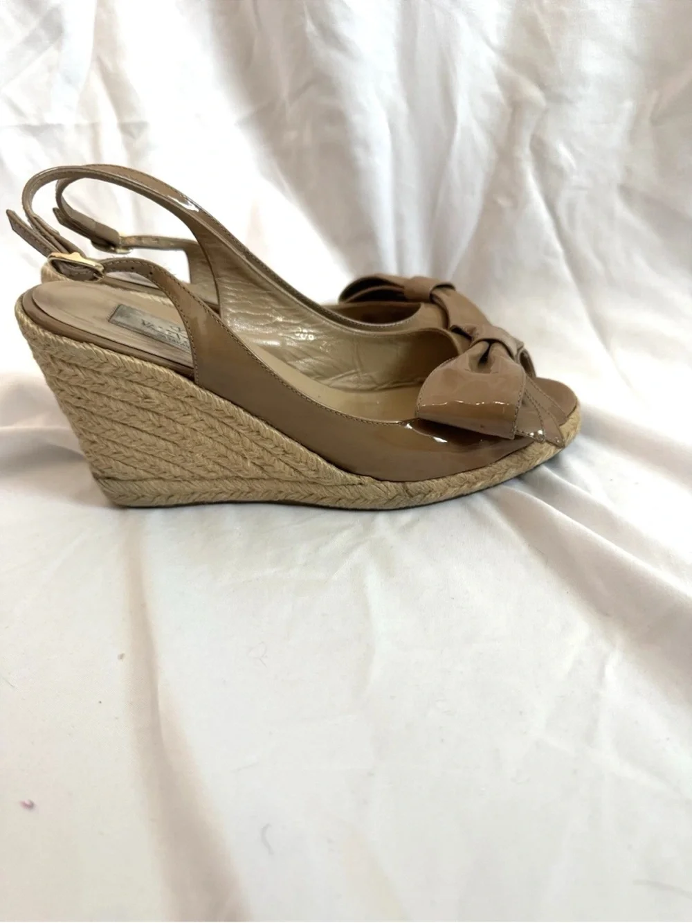 Valentino Garavani Tan Patent Leather Bow Wedges - Size 38 - US Size 8